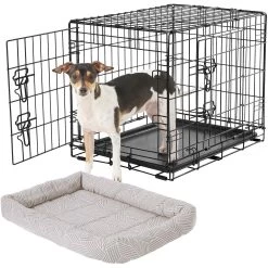 Frisco Fold & Carry Double Door Collapsible Wire Dog Crate & Frisco Gray Basket Weave Dog Crate Mat