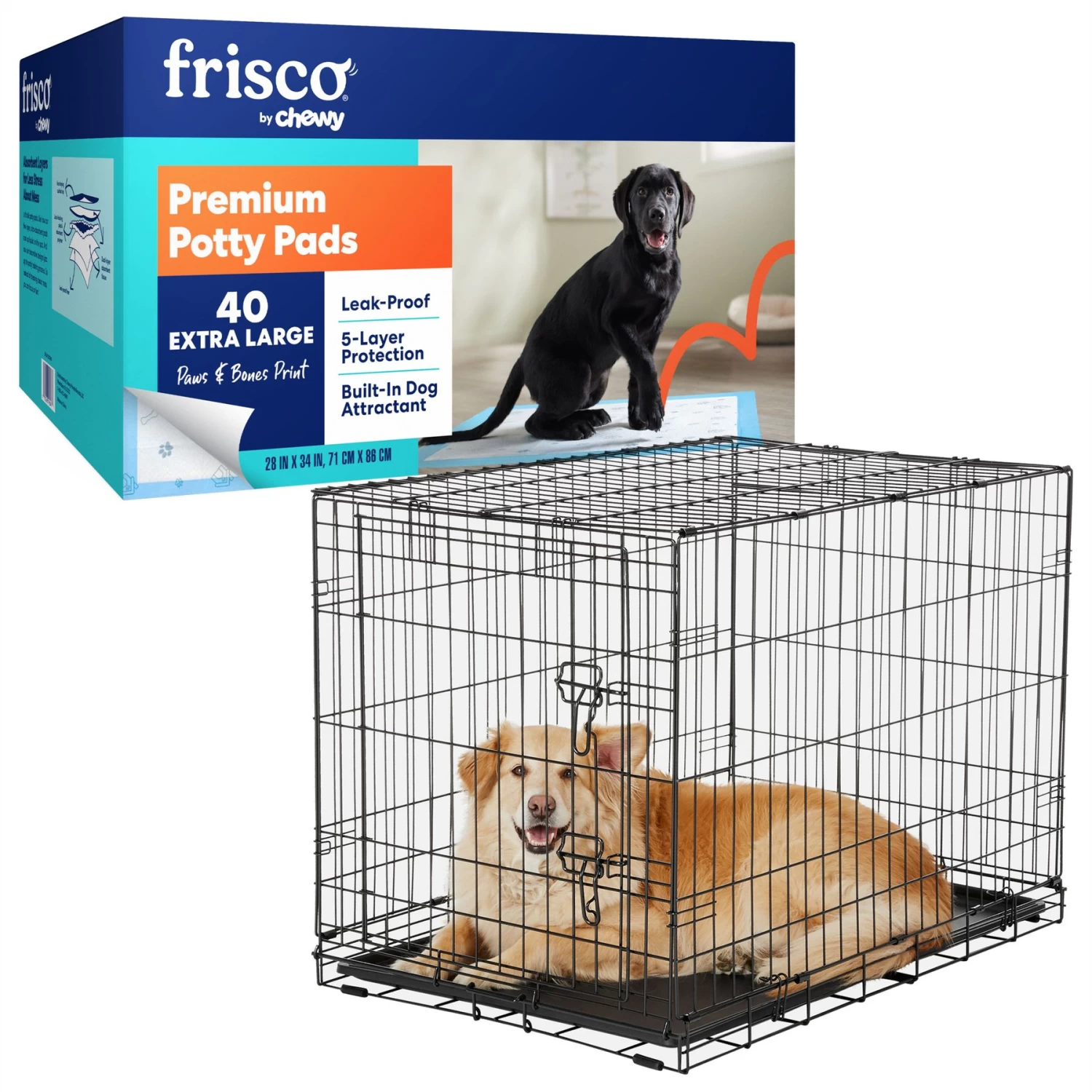 Frisco Fold & Carry Single Door Collapsible Wire Dog Crate & Frisco Premium Extra Large Printed Dog Training & Potty Pads 1 Frisco Fold & Carry Single Door Collapsible Wire Dog Crate & Frisco Premium Extra Large Printed Dog Training & Potty Pads