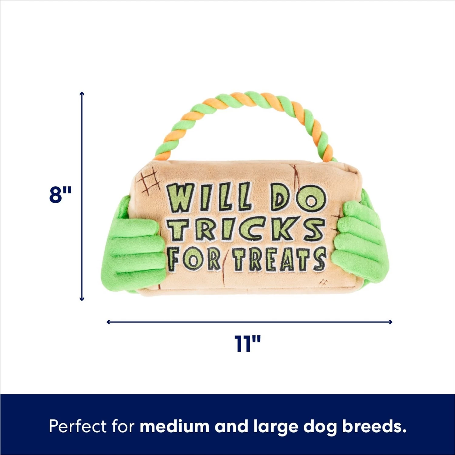 Frisco Halloween "Will Do Tricks For Treats" Sign Plush With Rope Squeaky Dog Toy 2 Frisco Halloween "Will Do Tricks For Treats" Sign Plush With Rope Squeaky Dog Toy - Image 2