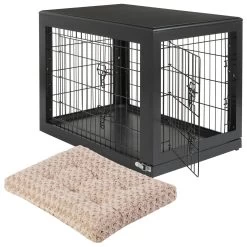 Frisco Double Door Furniture Style Dog Crate, Black & Frisco Swirl Dog Crate Mat
